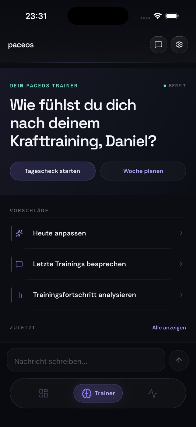 paceos coach chat with suggestions for the daily check-in and weekly planning (German interface shown)