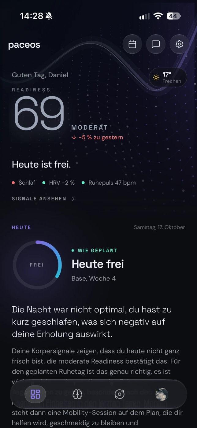 paceos home screen: readiness 69, moderate, sleep, HRV and resting heart rate as signals, rest day in base week 4 (German interface shown)