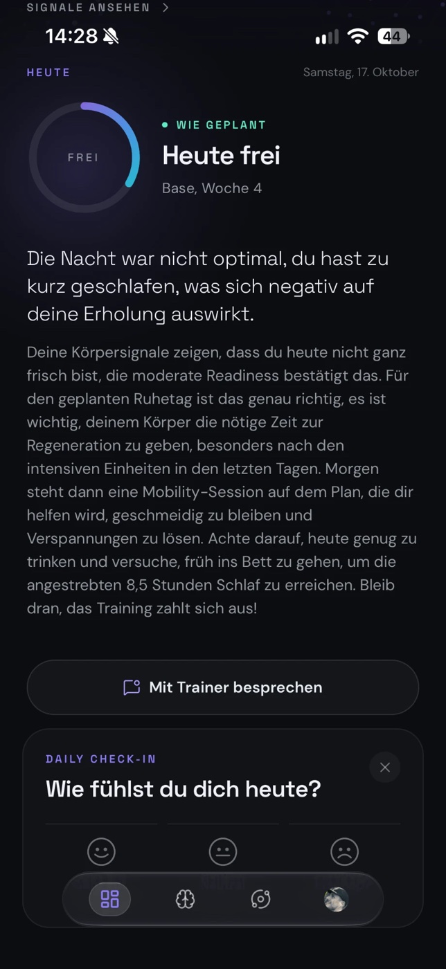 paceos today card: rest day as planned, with the coach's explanation after a short night (German interface shown)